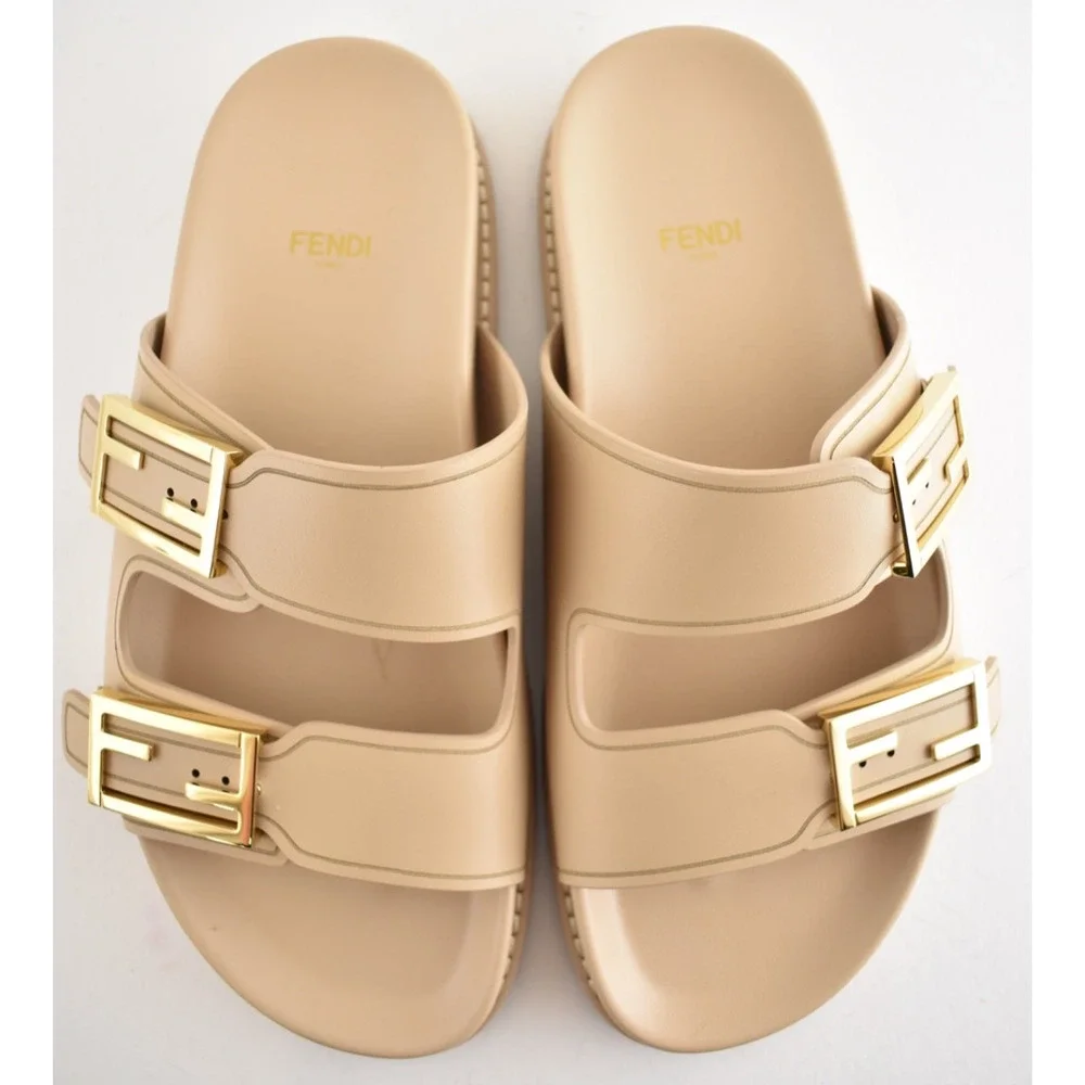 Fendi Feel Dual Strap Beige Leather Gold Logo Buckle Mule Flat Sandal Slide 39.5